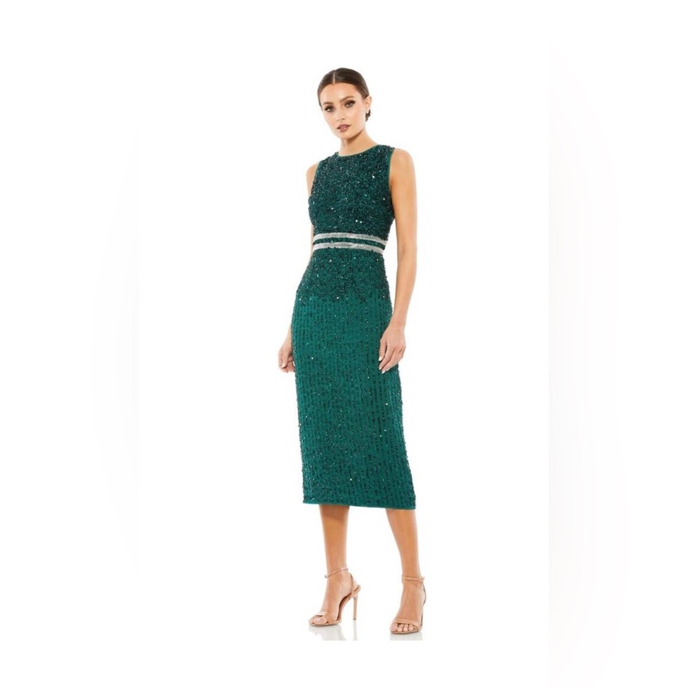 Mac Duggal 10509 Emerald Green Sleeveless High Neck Beaded Midi Sheath Dress 4